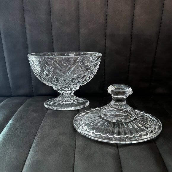 Vintage Shannon Crystal Footed Oval Cut Glass Candy Sugar Dish With Lid - Picture 4 of 11